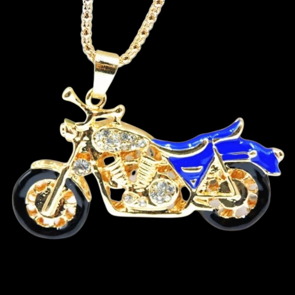 Motorcycle Blue & Gold Crystal & Enamel Necklace Brooch Pin Combo - Picture 4 of 5